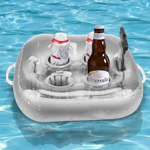 Mineup Porte Gobelet Gonflable Piscine, Support Gonflable de Boisson, Bar Flottant pour Piscine 4 Trous, Plateau Flottant Piscine pour Fête Plage Fête Argent 41 x 41 x 9 cm