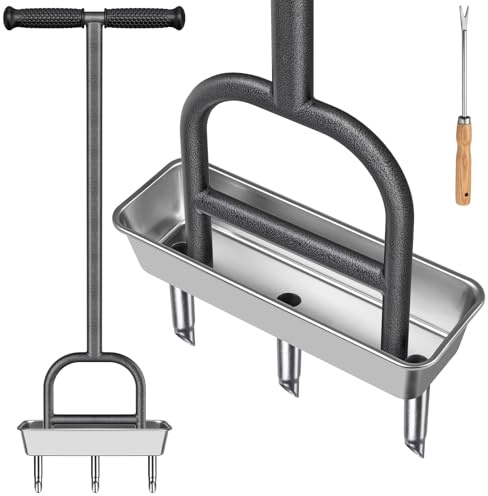 BeneLabel Aérateur de Gazon, Core de Pelouse Manuel Scarificateur Outil d'aération du Sol en Acier Inoxydable 3 Dents Creuse avec Plateau de Rangement pour Ameublir le Sol et Améliorer la Pelouse,93cm