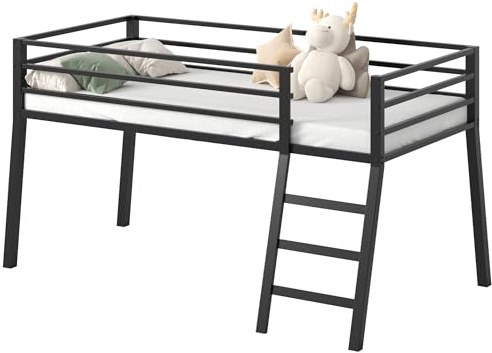Lutown-Teen Low Loft Bed Twin Size, Junior Metal Twin Loft Bed with Stairs and Safety Guard, Noise Free for Small Bedroom, Black