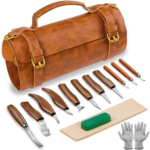 Set di coltelli per intaglio del legno, 15 in 1 Deluxe PU Leather Wood Carving Kit Wood Cuttling Knife, coltello per intaglio del legno per principianti, 6 pezzi di coltelli per intaglio, guanti, bors