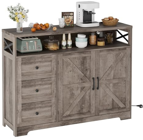 FiveWillowise Küchenschrank, Sideboard mit Schubladen und Offenem Regal, Anrichte, Küchenschrank, Kaffeebar-Schrank für Küche, Esszimmer, Wohnzimmer, 120 x 35 x 95cm, Grau
