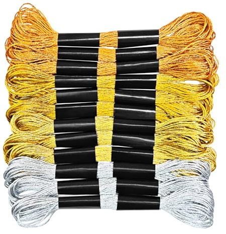 12 Skeins Gold and Silver Metallic Embroidery Thread（8 m 12 Strands）