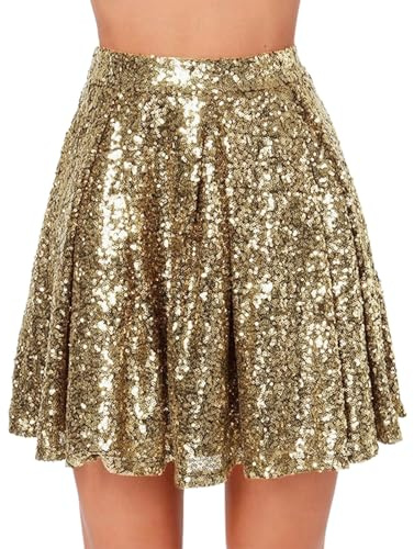 Jupe à paillettes dorées Midi - Rose - Pour festival, carnaval, mariage, soirée - Jupe de danse brillante - Taille élastique - Tailles