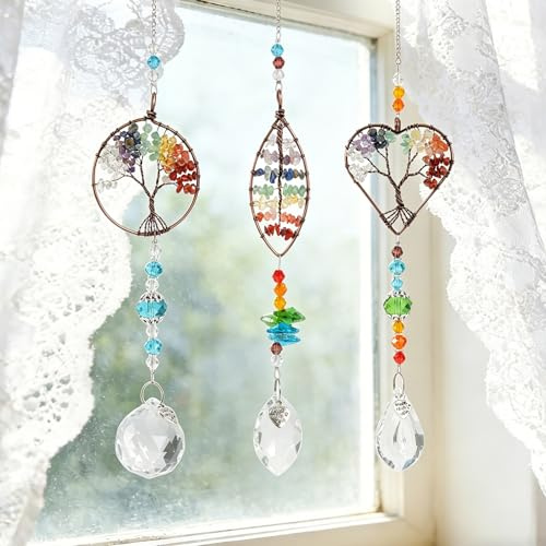 Lot de 3 attrape-soleil en cristal à suspendre - Décoration d'arbre de vie | Carillon à vent coloré pour jardin, fenêtre, décoration de salon