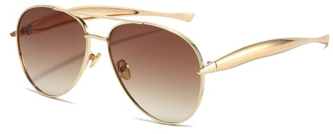 YUELUQU Oversized Pilot Sunglasses for Women and Men Gold Metal Frame Retro Ladies Shades UV400 Protection (Golden-Tea)