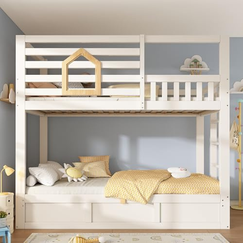 BTM Bunk Beds for Kids with Ladder, Wooden Cabin Bed Hydraulic Storage, Children's House Bed, Twin Sleeper (90+90) x 190 cm, Solid Wood, White