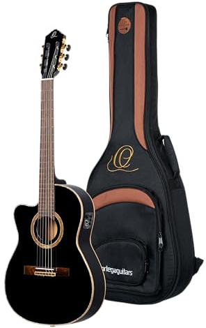 Ortega Guitars Konzert Gitarre Linkshänder – Elektro-Akustisch, 4/4, Slim Neck, Thinline Body – Performer Series – Inklusive Gig Bag – Massive Sitka Fichte, Sapele, Schwarz (RCE138-T4BK-L)