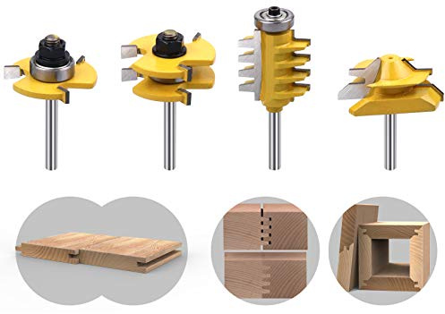 ROOCBIT 45 Degree Lock Miter Router Bit & T Shape Tongue and Groove Bit & Finger Joint Bit 1/4 Inch Shank Woodworking Milling Cutter Tool 4-Piece Set