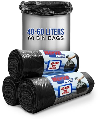 Eco-Friendly 40-60L Black Bin Bags 100% Recycled Material For General Waste or Recycling Wastes 40-60L Trash Bags (60 Counts) Perfect for Kitchen, Bathroom, Office- Unscented Black Bin Liners