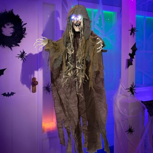 Decoración de Bruja Colgante de Halloween de 63 Pulgadas, Bruja Colgante con Sonido, Ojos iluminados y Sonido Espeluznante para decoración de casa embrujada de Halloween al Aire Libre/Interior
