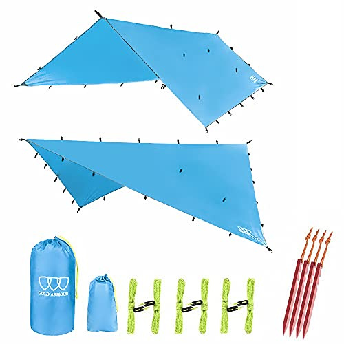 Gold Armour Rainfly Tarp Hammock, Premium 14.7ft/12ft/10ft/8ft Rain Fly Cover, Waterproof Ultralight Camping Shelter Canopy, Survival Equipment Gear Camping Tent Accessories (Sky Blue 14.7ft x 12ft)