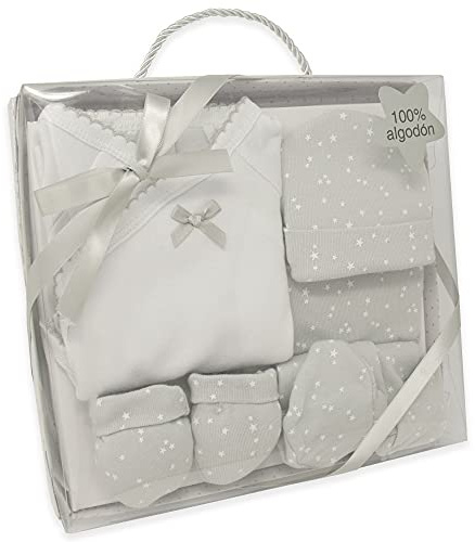 Duffi Baby Set Primera Puesta Bebe Recien Nacido 5 Piezas. Set Regalo Bebe Estrellas. Conjunto Primera Puesta Bebe con Chaquetita, Polaina, Gorro, Babero y Manoplas. 100% Algodon. Color Gris