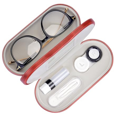 Muf Custodia per lenti a contatto 2 in 1 e custodia per occhiali, design doppio lato, a prova di perdite e portatile, con pinzette e lenti a contatto incluse per kit da viaggio (Marrone)