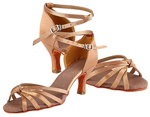 mumisuto Latin Dance Schuhe,Weiche, Bequeme Satin-Latin-Schuhe, Mode-Tanz-Cha-Cha-Schuh für Tanzlehrer und Studenten(38-Hellbraun)