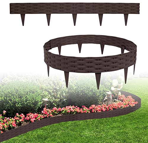 LARS360 Bordo per prato, 10 m, con 10 elementi da 100 cm, in plastica pieghevole, design rattan, bordatura per aiuole, palizzate da giardino (10 pezzi, marrone)
