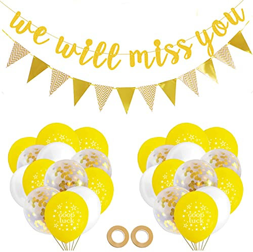 Wir Werden Dich Vermissen Banner,38 Stück Golden Abschied Partydekoration Farewell Decoration Good Luck Balloons Wimpelkette Girlande Goodbye Deko für Ruhestand Abschied Weggehen Büro Arbeit Party