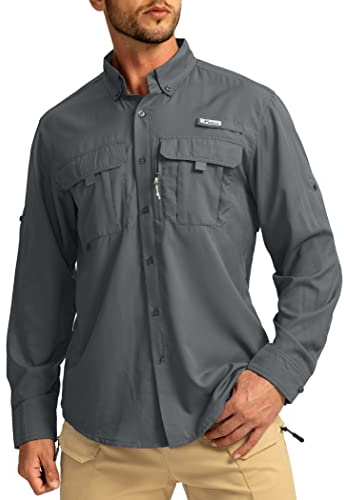 Men's Sun Protection Fishing Shirts Long Sleeve Travel Work Shirts for Men UPF50+ Button Down Shirts with Zipper Pockets(Dark Grey X-Large)