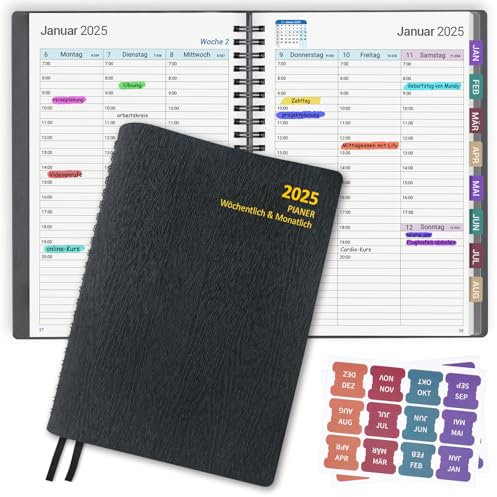SAKEYR Planer Terminplaner 2025 - Kalender 2025 Buchkalender A5, Softcover Terminkalender 2025, Wochenplaner & Jahresplaner Kalender 2025, Planer 2025 A5 mit Monatliche Labels (auf Deutsch)