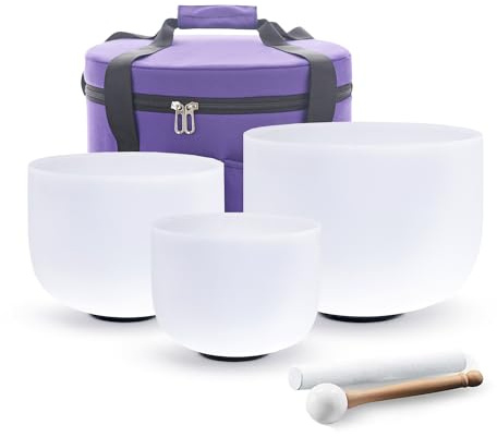 Hye-eun Juego de 3 cuencos tibetanos de cristal, 432 Hz, 7 pulgadas, 9 pulgadas, F y 11 D, con bolsa de transporte, mazo para sanación, terapia, meditación, yoga, cristal, juego de 3 unidades