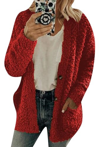 YMING Mujeres Casual Cárdigan Sólido Teddy Abrigo De Piel De Invierno Cálido Suelto Más Chaquetas De Tamaño Rojo XL