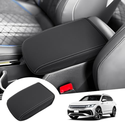 GAFAT Compatible avec VW Tiguan 3 2024 2025 2026 Housse d'Accoudoir Central, Ti-guan III 2025 Accessoires Console Centrale Protection Rembourrage en Microfibre Synthétique Cuir PU (Noir-Blanc 1)