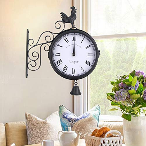 YEITBY Orologio da stazione ferroviaria per esterni, resistente alle intemperie, design double face, impermeabile, 20 cm, stile retrò, con supporto a parete, per giardino, veranda, stazione