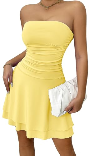 Ausing miniklänningar damer kort sexig bandeau axellös klänning figurbetonad klänning party klubb eleganta cocktailklänningar för kvinnor rygglös aftonklänning klubbkläder sommarklänning XS-L, GUL, M