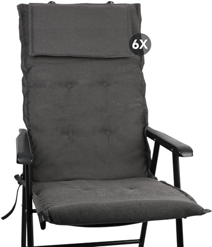 slaaviinoo 6er Set Gartenstuhlauflagen Hochlehner (120x50x6cm) Sitzkissen Outdoor– wasserabweisender Stoff|UV-500h lichtecht – Mit abnehmbarem Kopfpolster – Steinkohlegrau für Gartenmöbel/Klappstühle