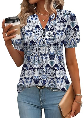 Rapbin T-Shirt Femme Col V Haut Tunique Manches Courtes Chemise Basic Chemise Tenue d'Enseignant Coloré Imprimé Géométrie XL