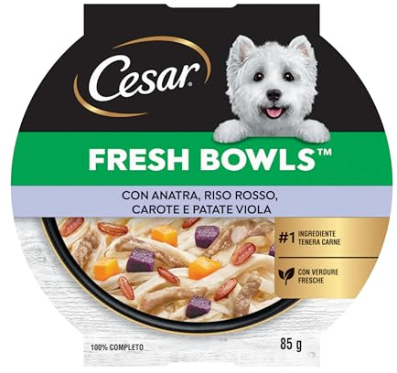 CESAR Fresh Bowl Cani Adulti con Anatra, Riso, Carote, Patate in Salsa 85g, 10 Confezioni