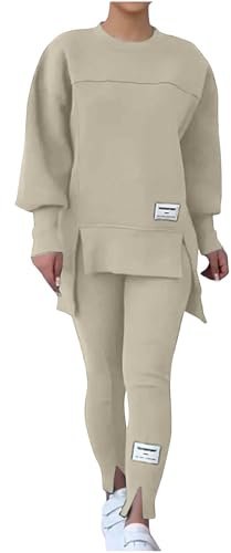 NSICBMNO White Womens Tracksuit Set 2 Piece Outfits Oversized Sweatshirts Gym Leggings Airport Out Long Jumpers Split Hem Trousers Casual Co Ord Sets Winter Lounge Wear Sets For Gym Sports Travel