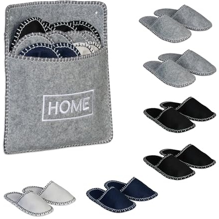 Relaxdays Lot de 6 Paires de Pantoufles pour Vos invités, Semelle antidérapante, Feutre, Pochette Pratique, Multicolore