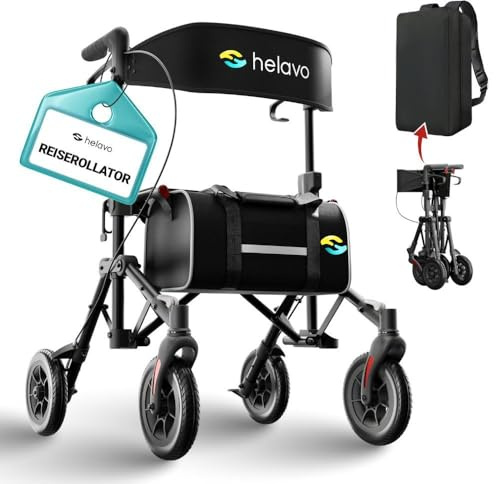 Helavo Reiserollator faltbar und leicht mit Sitz für Senioren, doppelt klappbarer Rollator komplett vormontiert, 8 Zoll PU Räder, höhenverstellbare Griffe