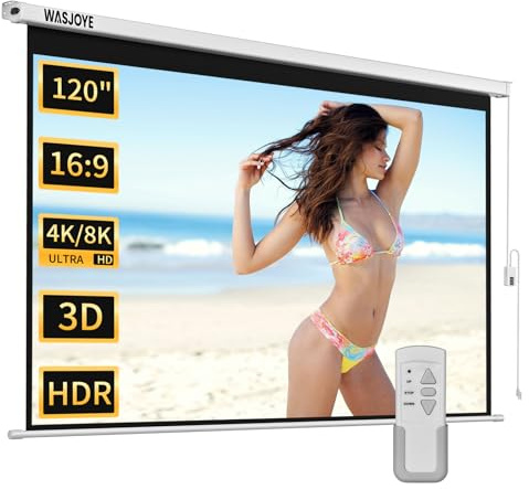WASJOYE 120 Schermo Proiettore Motorizzato Diagonale Elettrico Proiezione Automatica 16: 9 Telo Videoproiettore HD 8K per il Gioco per Uffici di Cinema Home Theater Projector Screen W/telecomando