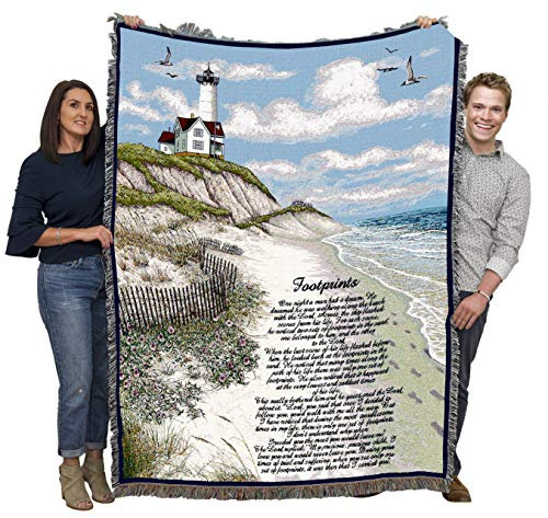 Pure Country Weavers Gewebte Gobelin-Überwurfdecke mit Fransen aus Baumwolle, Motiv: Jesus-Fußabdrücke im Sand, US-Größe 72 x 54 cm