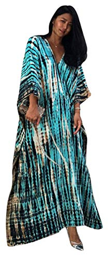 Tunique Longue Femme été Grande Taille Hippie Chic Robe Degrade Caftan Indien Africain Kaftan Long Kimono Ethnique Cache Maillot de Bain Poncho Tie Dye Pareo Plage Bikini Cover Up ZSCPDN0007BU