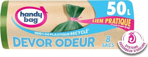 Handy Bag - Sacs poubelle à lien pratique Dévor Odeur 50L x 8 sacs - Système absorbeur d'odeurs - Ultra Résistant - Étanchéité maximale - Lien Pratique attaché en haut du sac - 100% plastique recyclé