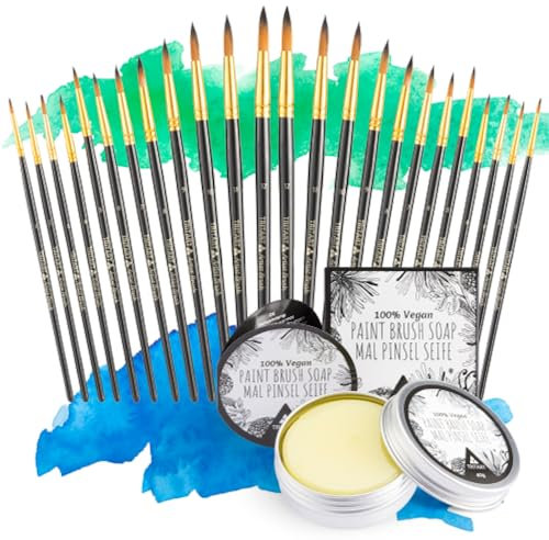 Tritart Pinselset mit Pinselreiniger vegan - 24 Pinsel für Acrylfarben Aquarell Ölfarbe Wasserfarbe - 40g Pinselseife - Pinsel Set zum Malen
