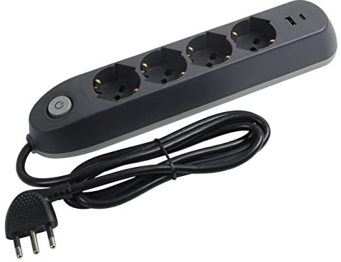 BTICINO Ciabatta Multipresa Elettrica Poker 6 Posti, 2 Prese USB e 4 Prese Polivalenti (Schuko 10/16A e Bipasso), Ciabatta Elettrica con Interruttore Cavo 1,5m Spina 16A, Robusta e Salvaspazio, Nero