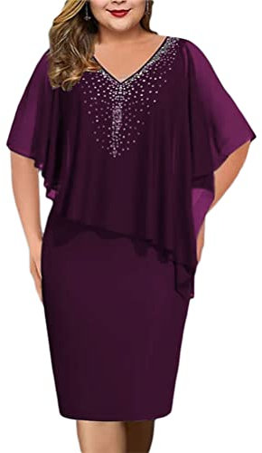 Shownicer Femme Grande Taille Robe de Soie Sexy Et Élégante Cape en Mousseline Asymétrique à Epaule Dénudée Superposée Plus Size Hanche B Violet XL