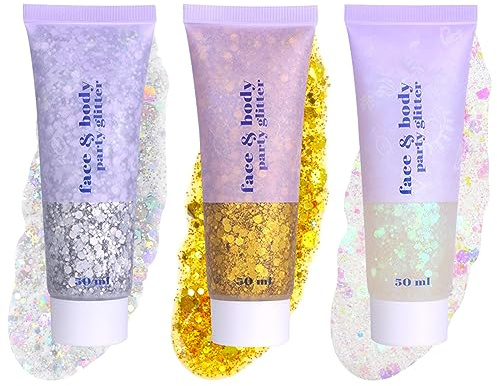 Sularpek Paillettes Visage, 3 Couleurs Paillettes Corps 50g, Paillette Maquillage, Mermaid Sequins Body Glitter, Paillette Gel Liquide, pour Festival Fête Noël Pâques Maquillage Décoration