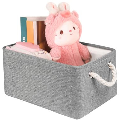 JUNLAI Storage Baskets with Handles, Foldable Small Grey Storage Box, Fabric Wardrobe Storage Basket for Office & Home, Book, Clothes, Toys(Grey, Small)