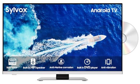 SYLVOX Smart TV 22 Pouces 1080 FHD, 12 V Camping Travel TV, Android 11 Voyage Téléviseur, Lecteur DVD Intégré, Triple Tuner DVB-C/T2/S2, HDMI, USB pour Bateau, Camping-Car, Camion, Caravane
