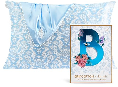 Bridgerton x Kitsch Satin Pillowcase with Zipper Closure, Softer Than Pure Silk Pillow Cases Queen, 19x26in Silky Smooth Pillow Covers for Hair, Cooling Pillow Cases Standard Size, Toile de Blue, 1 Pc