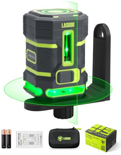 LASGOO Niveau laser vert auto-nivelant, 360° horizontal et ligne verticale, 4 niveaux de luminosité, mode impulsion, support en L, piles et sac inclus