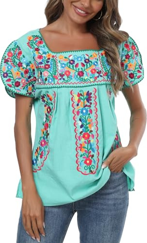Mexican Shirts for Women Embroidered Tops Traditional Peasant Summer Tunic Blouse (M, E522G)