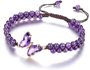 Jovivi Amethyst Butterfly Healing Crystal Bracelet Jewellery Gifts For Women,Natural Purple Gemstone Adjustable Double Layered Beaded Bracelet for Ladies Girls Mum Birthday