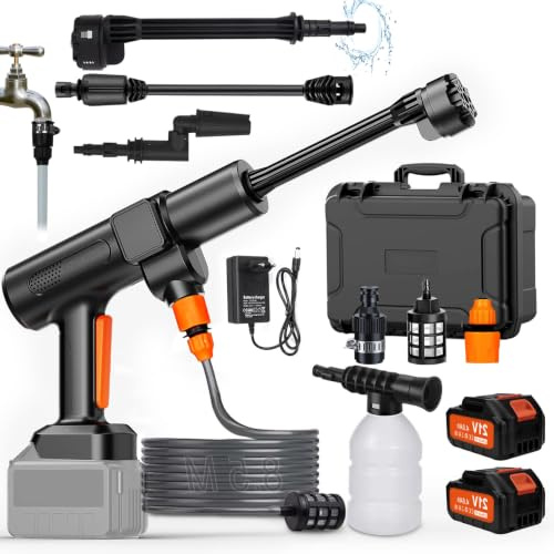 TOPALL Idropulitrice a Batteria,Pistola Idropulitrice Portatile,High Pressure Cleaner,Max da 45 Bar,con 2 * 4000mAH Batterie | Tubo da 8.5M | 6 in 1 Ugello | Rotante Ugello,per Auto,Giardino