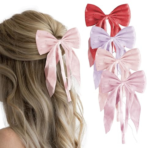 PEAPIN 4PCS Hair Bows With Pearls And Rhinestones Mesh Hair Bows