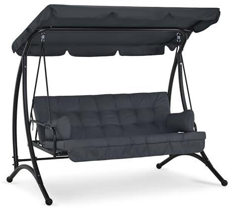 M MCombo3-SitzerHollywoodschaukel mit Liegefunktion, mit Extradickem Sitzkissen &Sonnendach, Gartenschaukel bis 300kg Belastbar, 201x125x173 cm, Schaukelbank OutdoorWetterfest 4095 (grau)